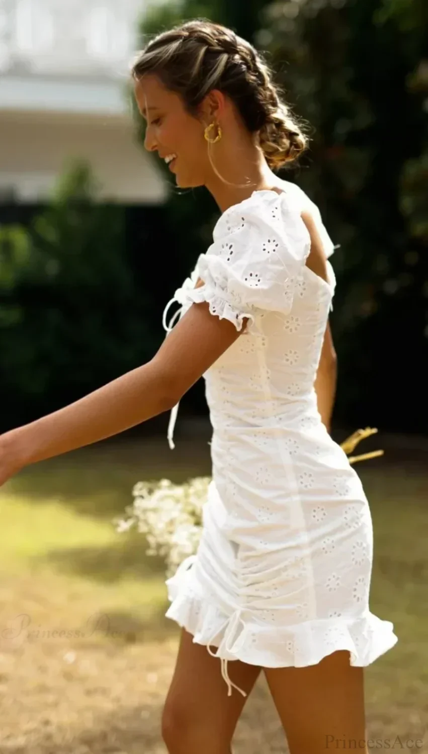 White Lace Cotton Short Sleeve Bodycon Mini Boho Dress - Image 3