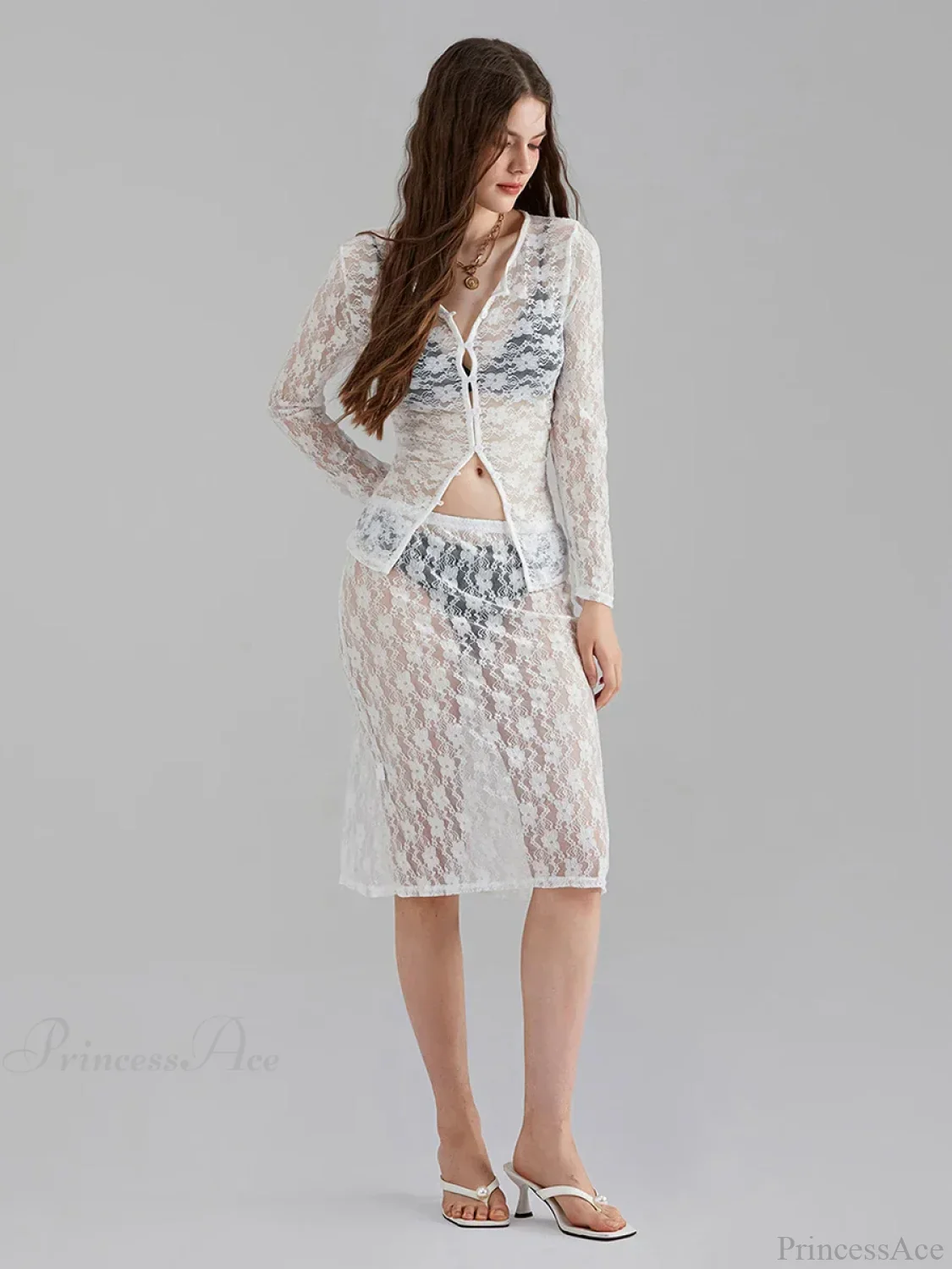 White Lace Mesh Long Sleeve Button-Down Floral Skirt Set - Image 4