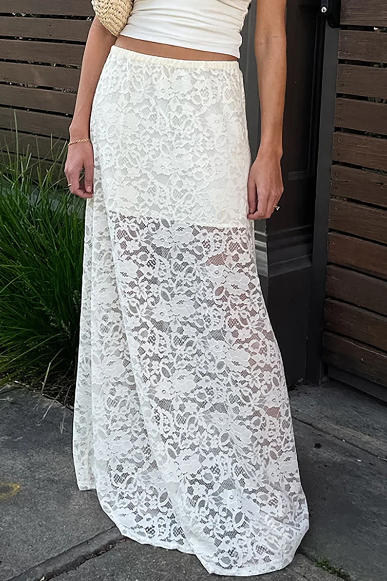 White Lace Sheer High Waist A-Line Skirt