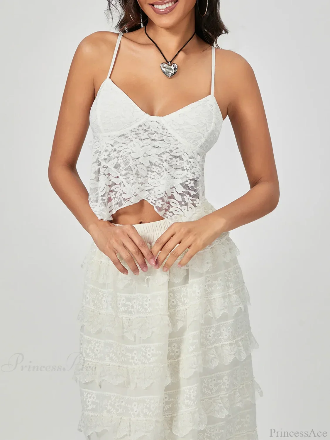 White Lace Spaghetti Strap Wrap Hem Slip Camisole Top - Image 5