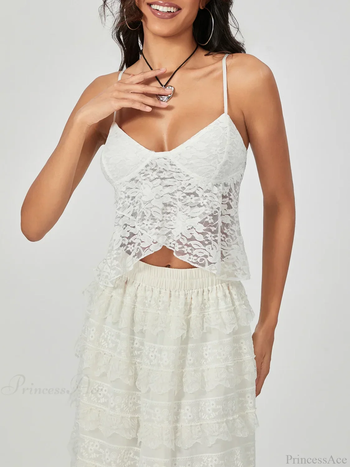 White Lace Spaghetti Strap Wrap Hem Slip Camisole Top - Image 6