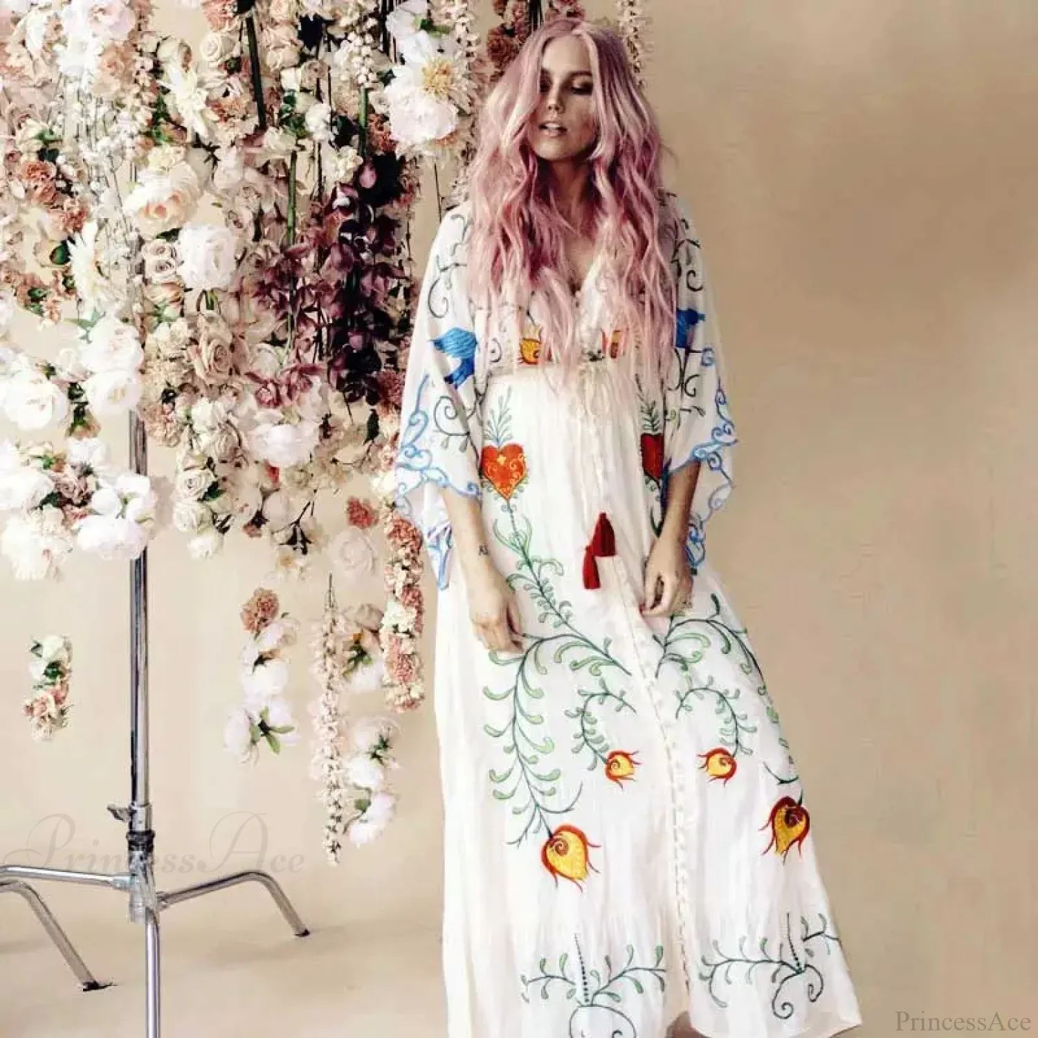 White Maxi Dress Cotton Floral Embroidery Sexy V-neck Beach Dress - Image 4