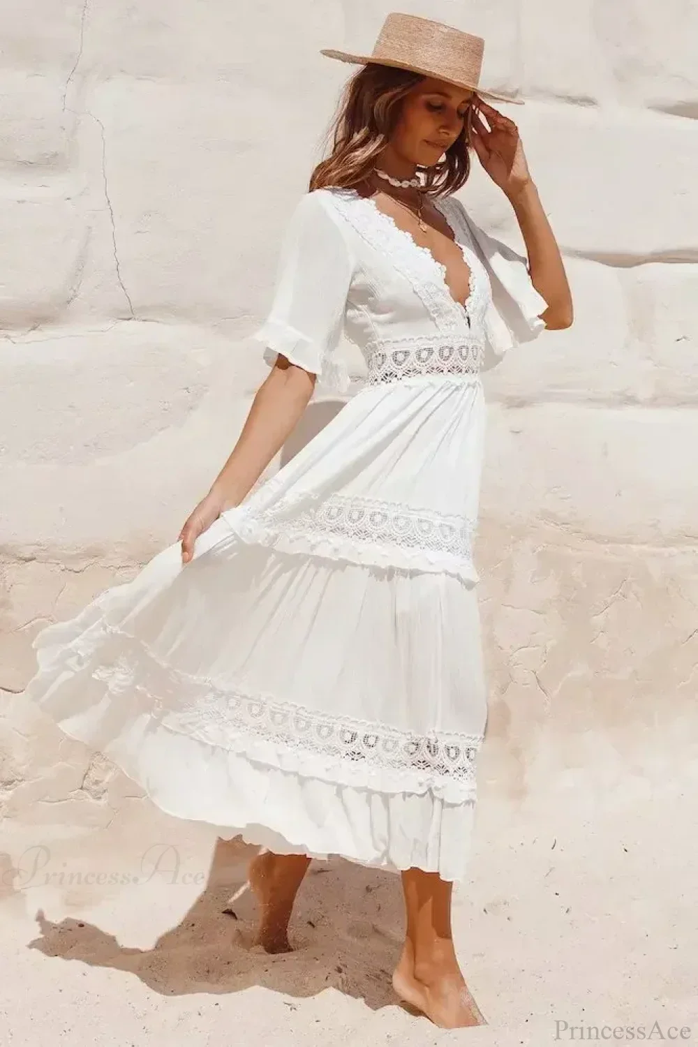 White Maxi Dress Hollow Waist Deep V-neck Dress - Image 2