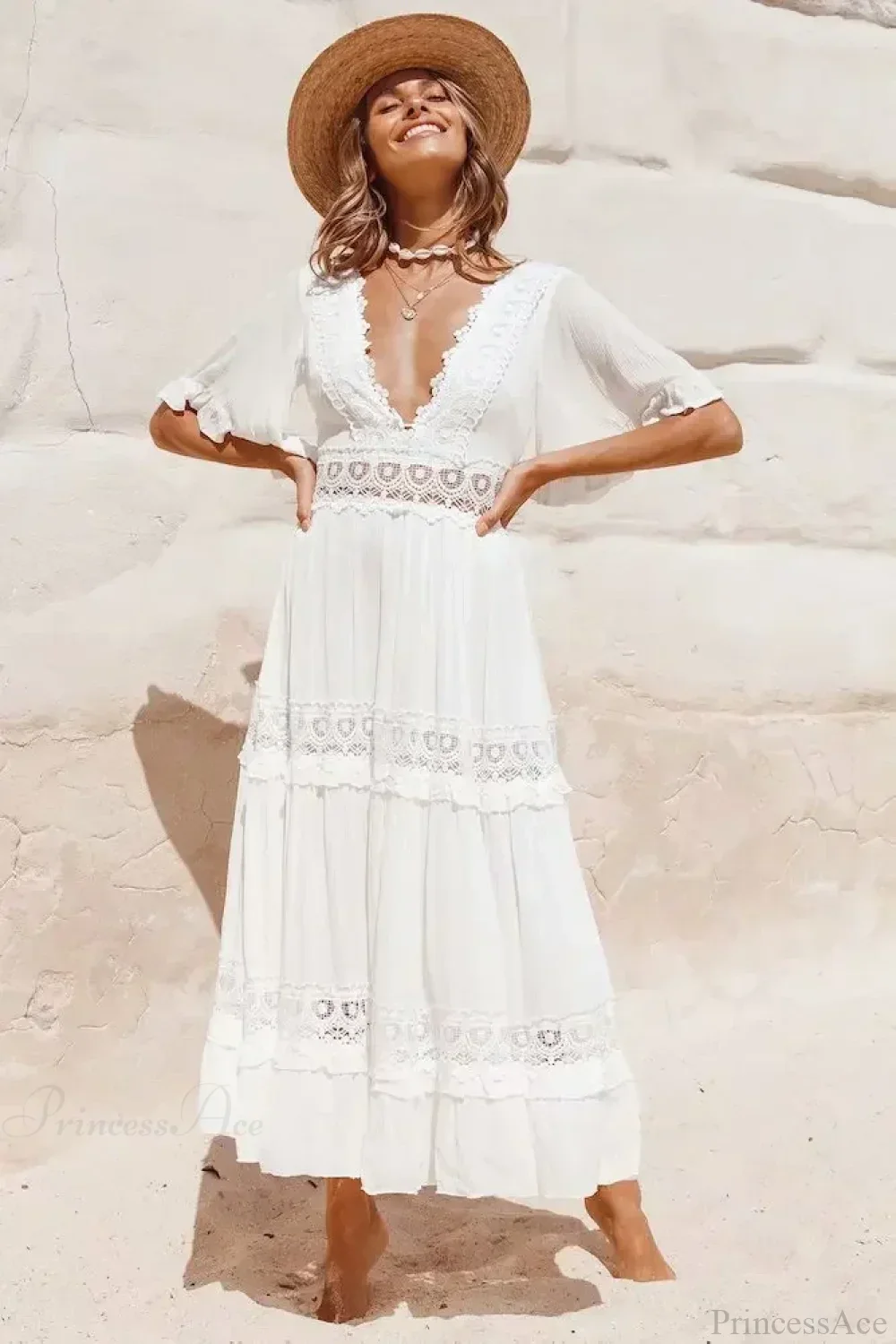 White Maxi Dress Hollow Waist Deep V-neck Dress - Image 3
