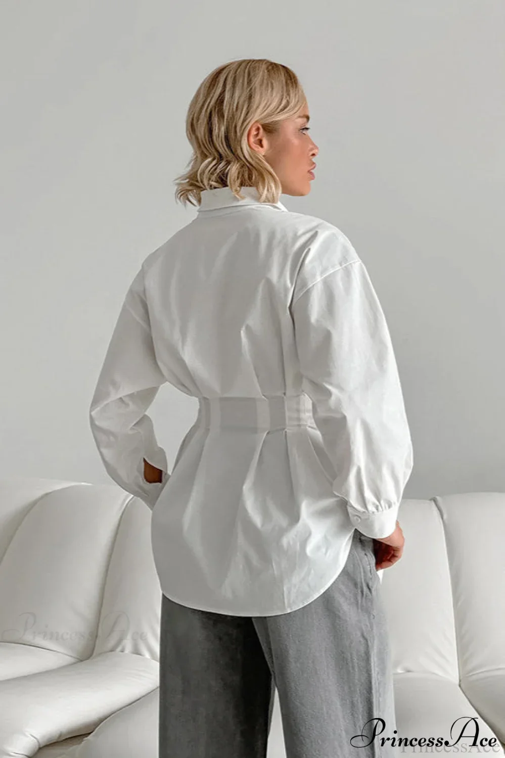 White Pleated Waist Slim Blouse - Image 4