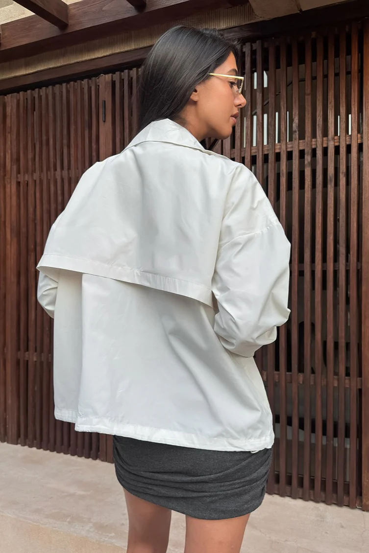 White Stand Collar Long Sleeve Loose Slim Casual Jacket - Image 3