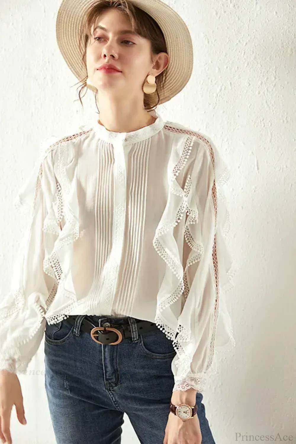 White Tiered Ruffles Hollow Out Cotton Boho Blouse - Image 2