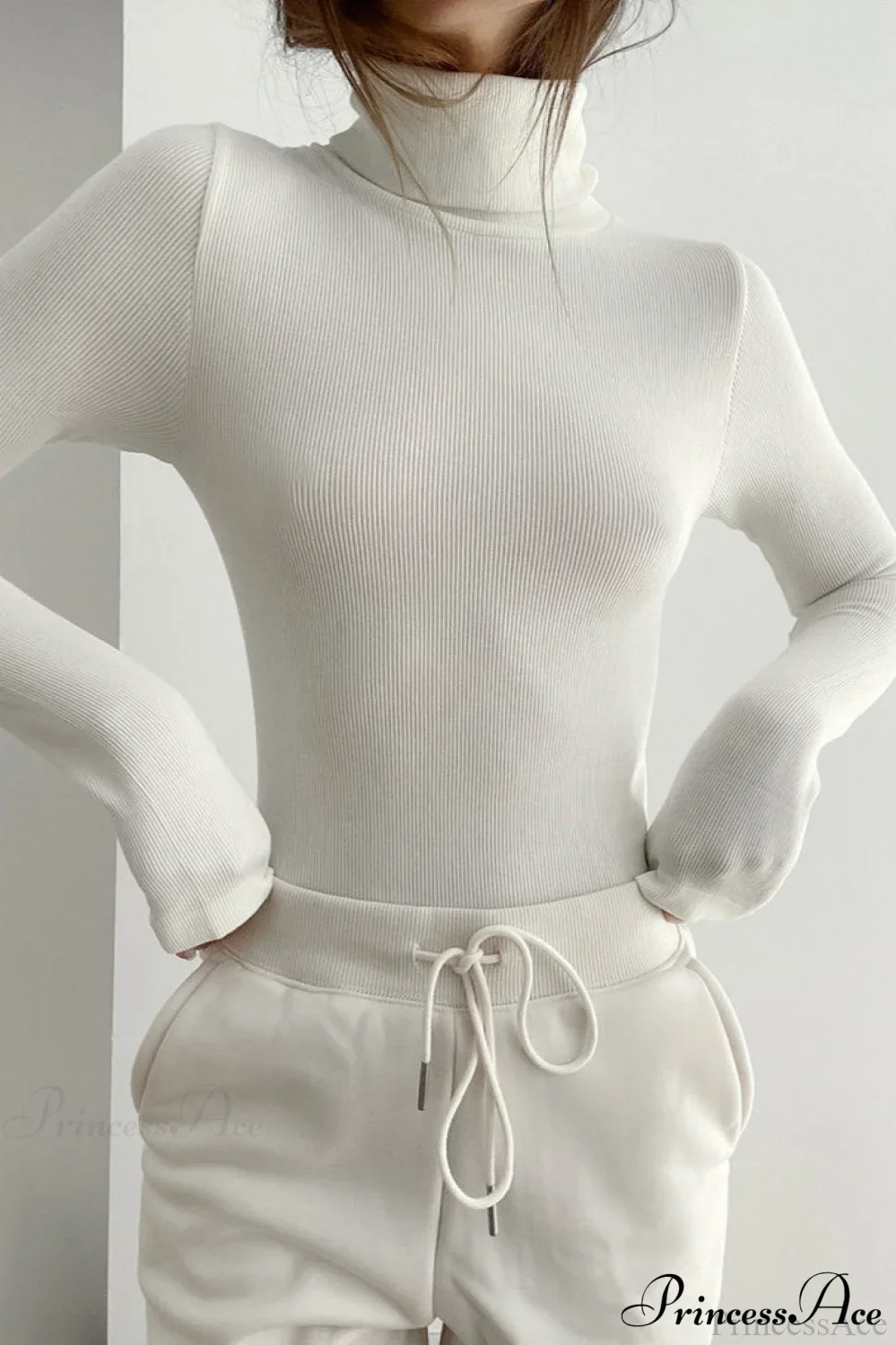White Turtleneck Slim Knit Long Sleeve Tee - Image 2