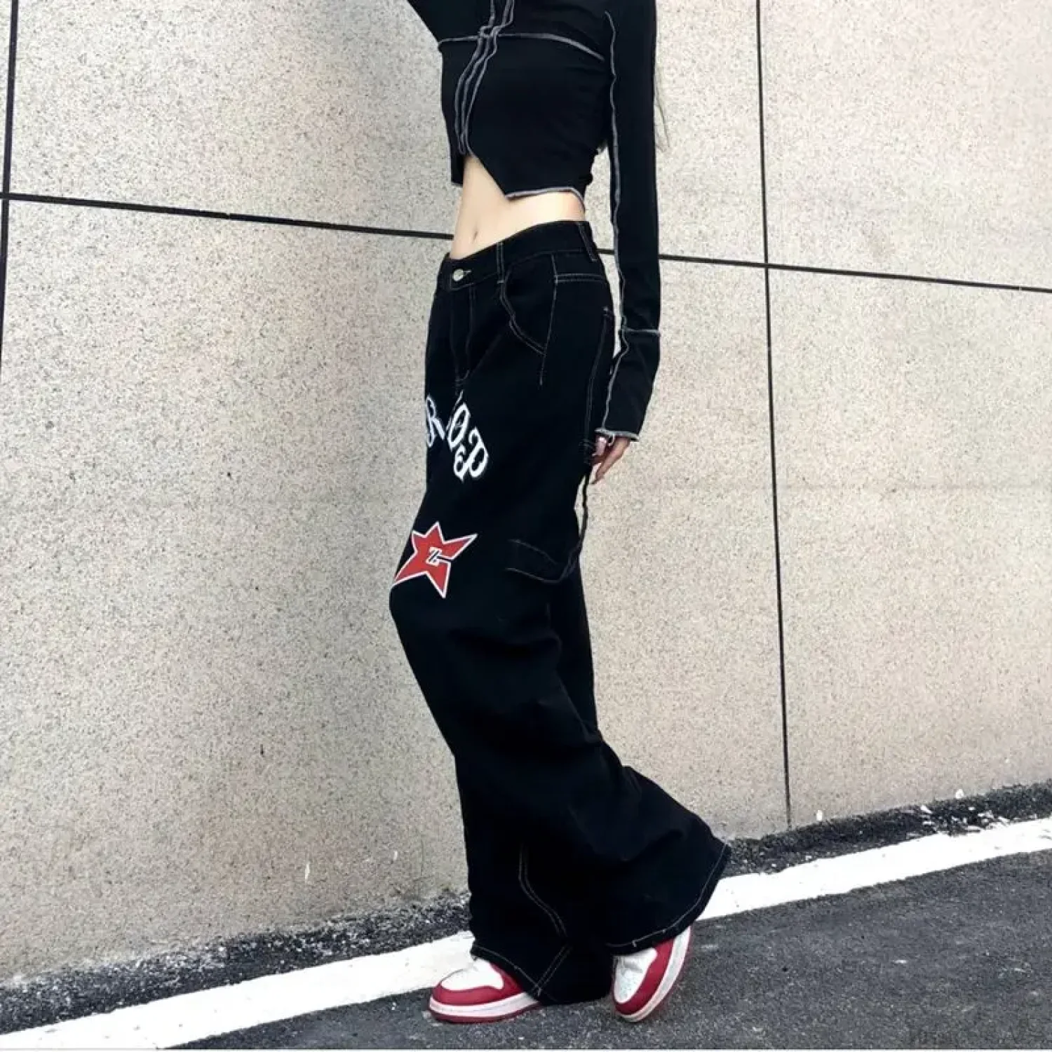 Wide Leg Stars Letter Print Jeans Pants - Image 2