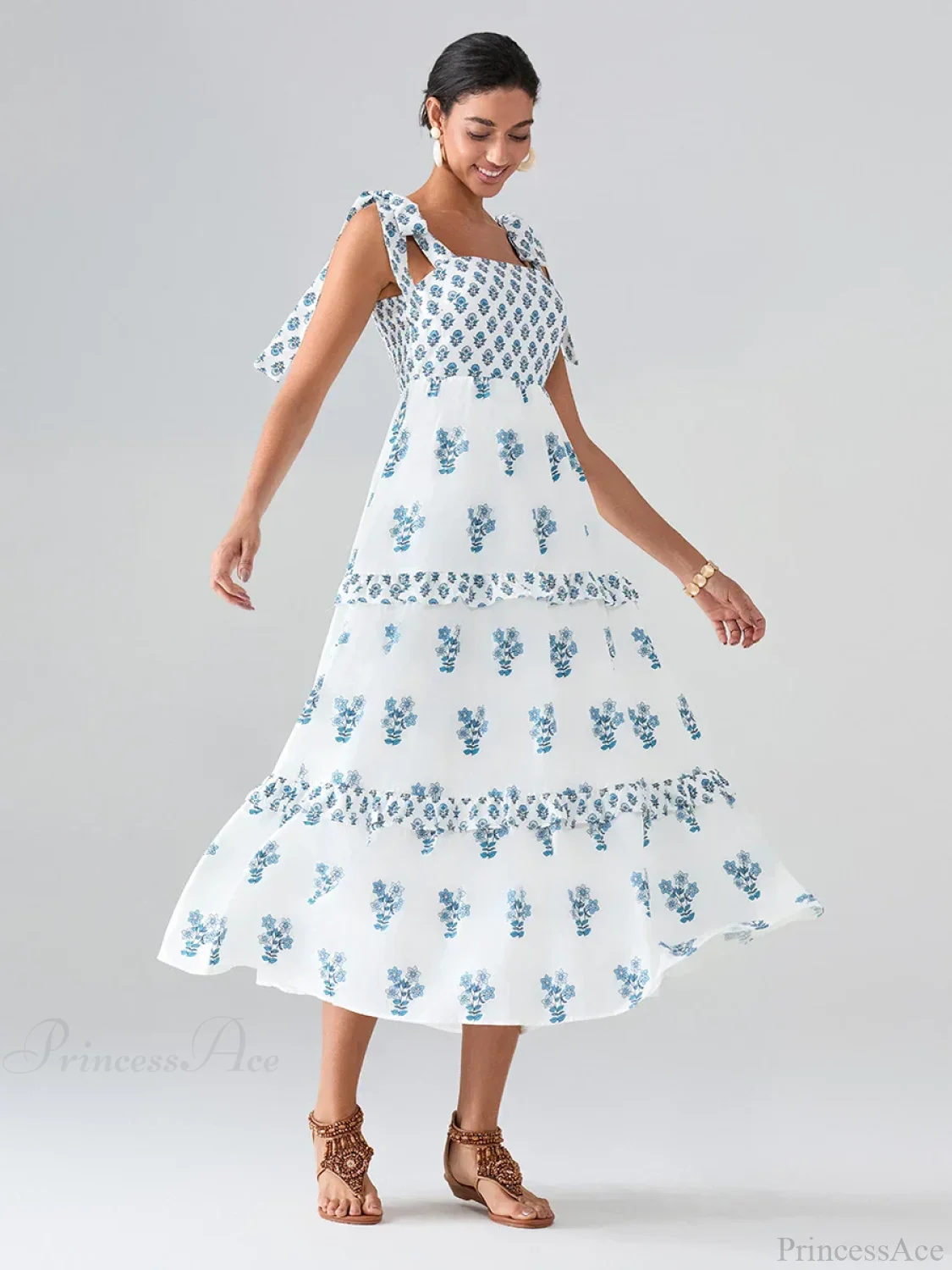 Wide Straps Flowy Floral Bohemian Beach Frill Trim Square Neck A-Line Dress - Image 5