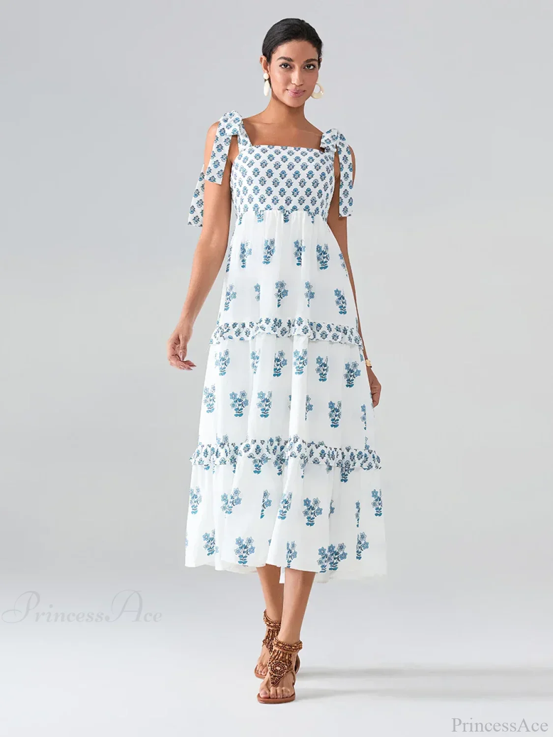 Wide Straps Flowy Floral Bohemian Beach Frill Trim Square Neck A-Line Dress - Image 7