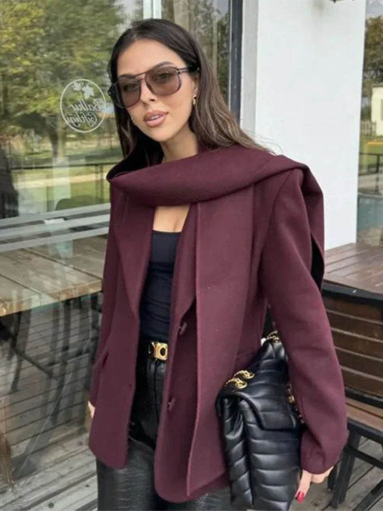 Wine Red Lapel Scarf Coat - Image 2
