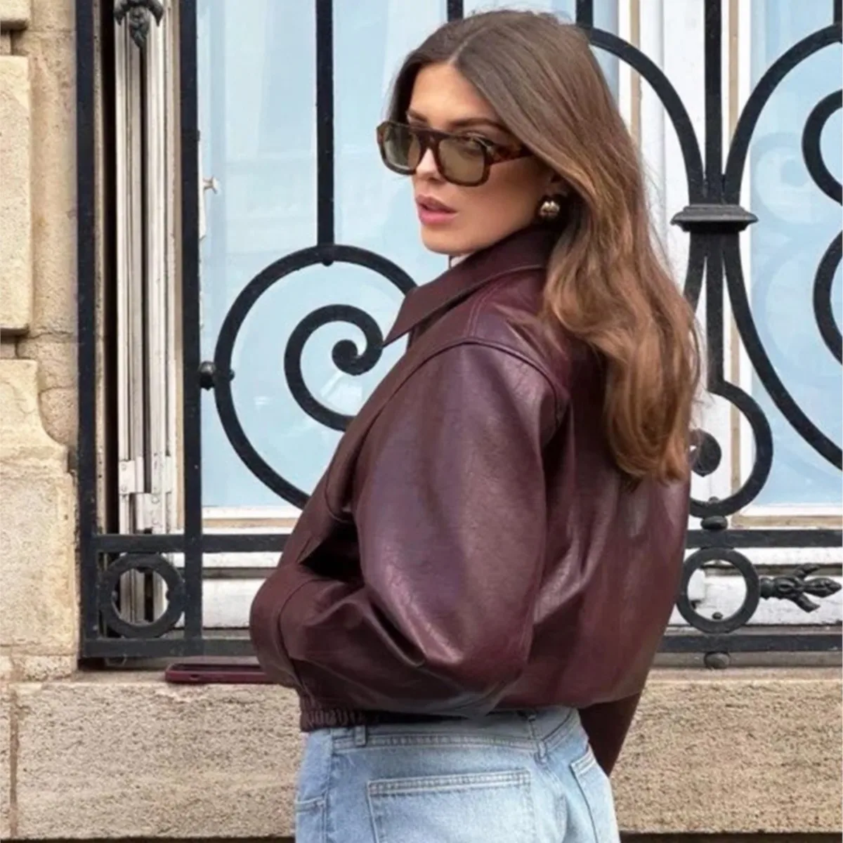 Wine Red PU Leather Coat - Image 3