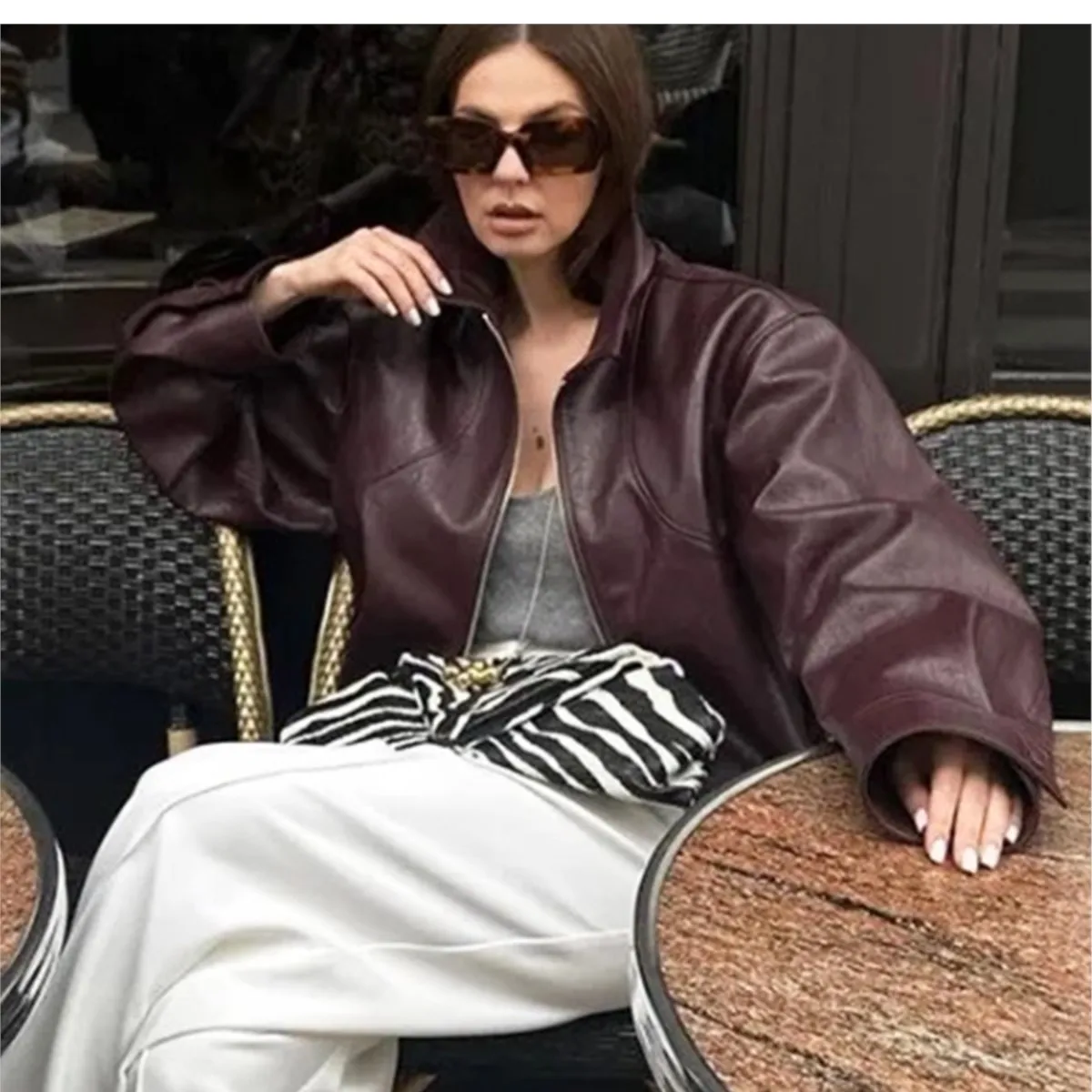 Wine Red PU Leather Coat - Image 6