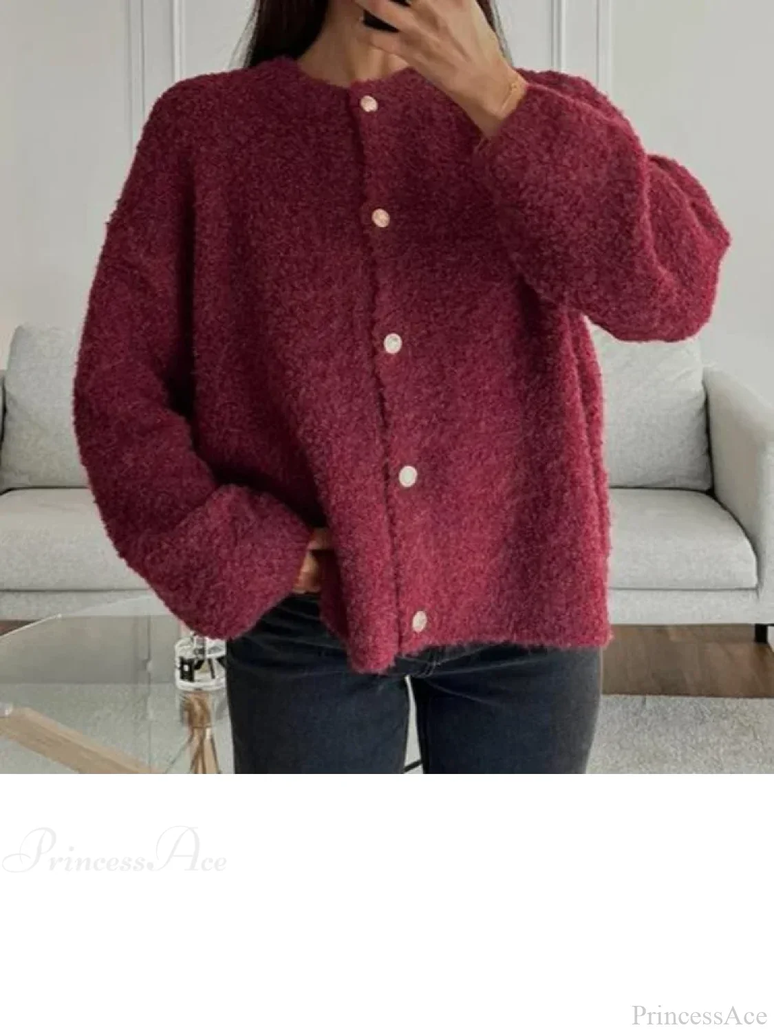 Wine Red Round Neck Button Cardigan - Image 5
