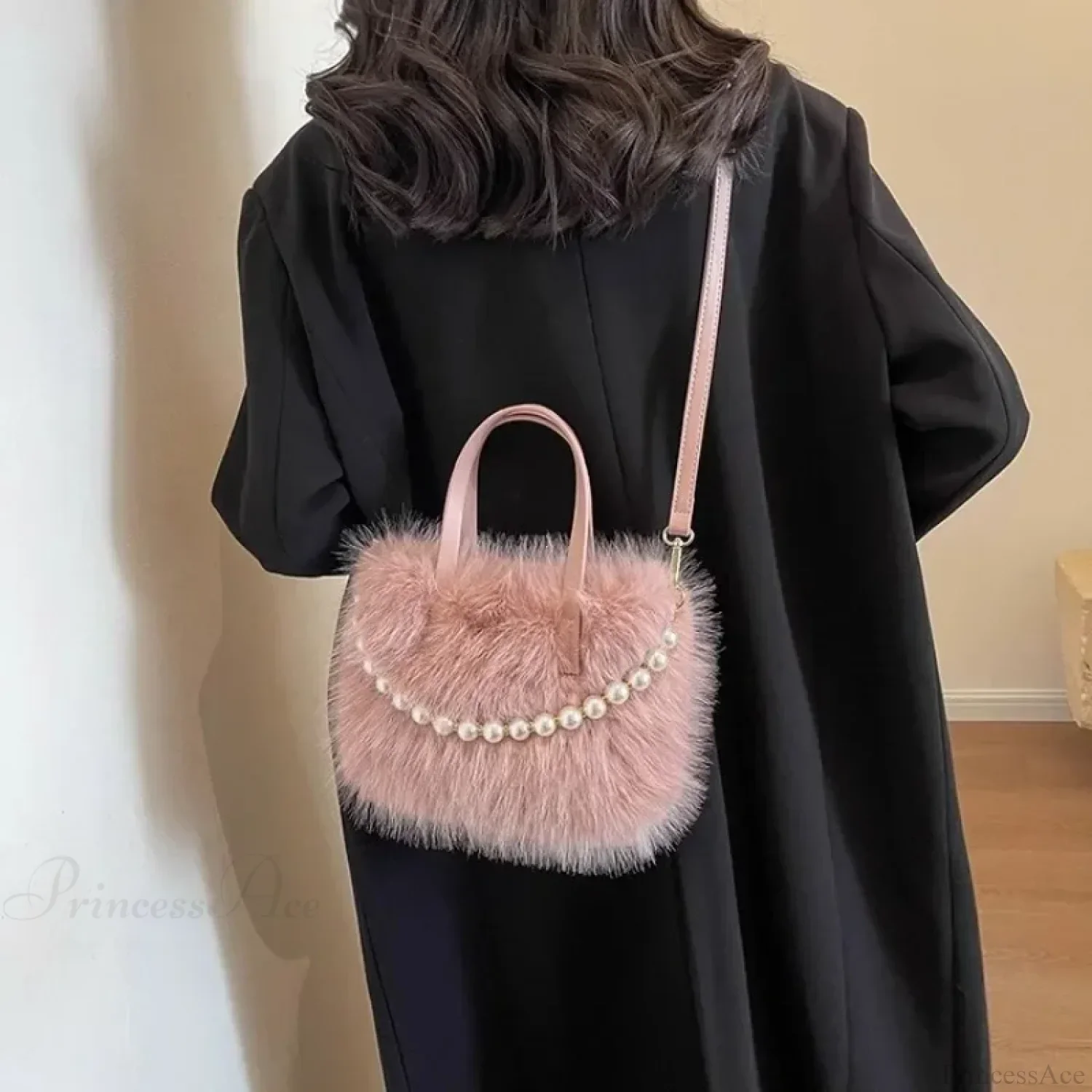 Winter Faux Fur Crossbody Pearl Chain Decor Handbag - Image 3