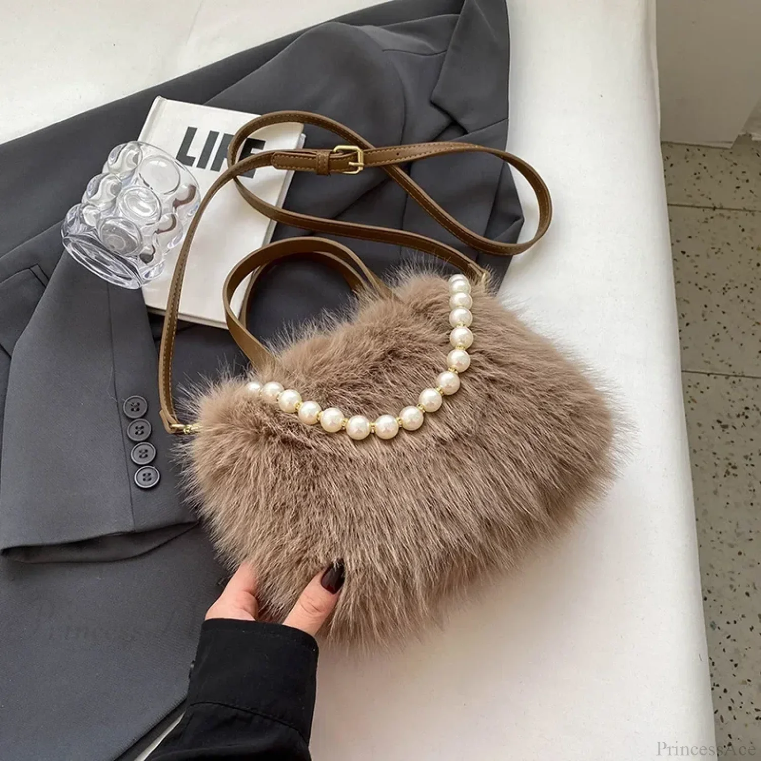 Winter Faux Fur Crossbody Pearl Chain Decor Handbag - Image 5