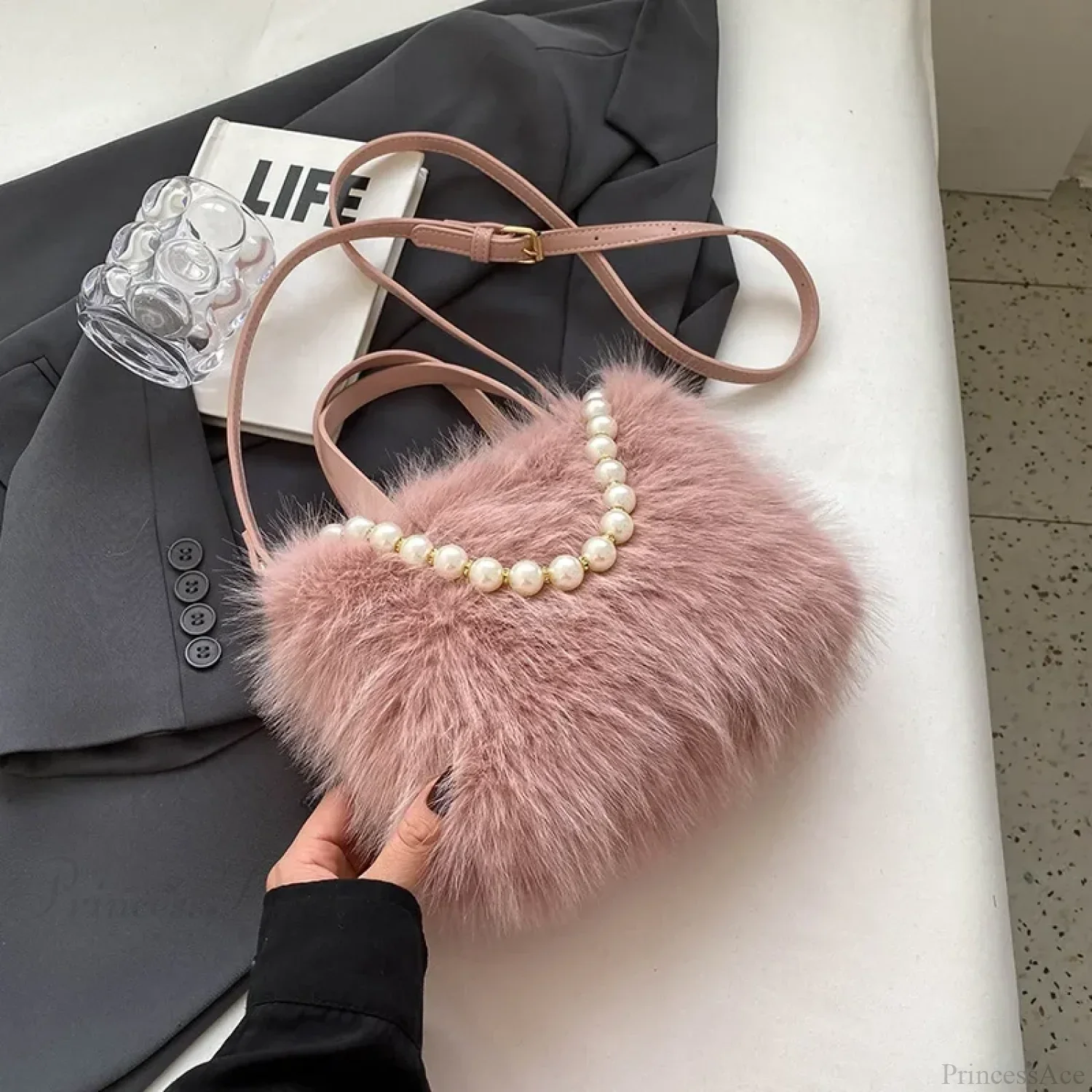 Winter Faux Fur Crossbody Pearl Chain Decor Handbag - Image 8