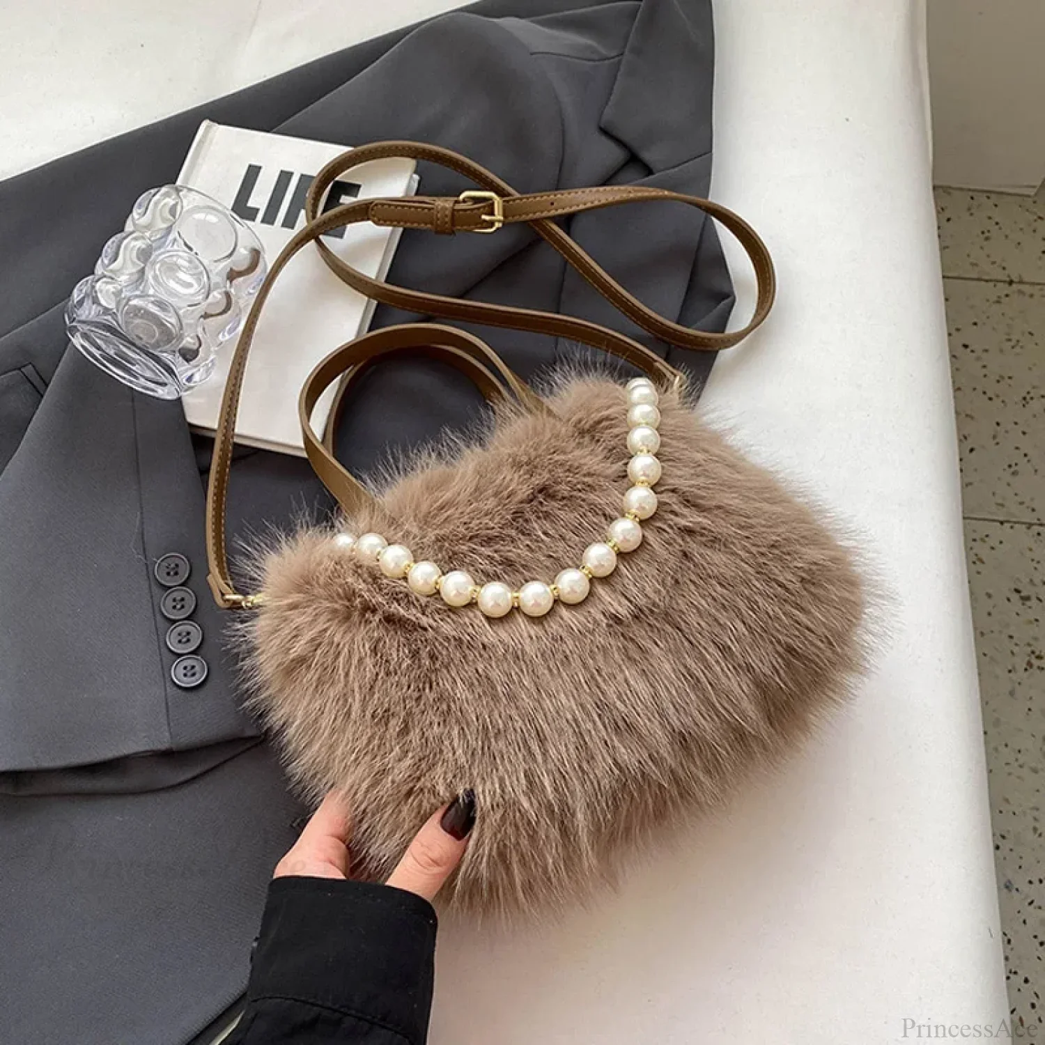 Winter Faux Fur Crossbody Pearl Chain Decor Handbag - Image 10