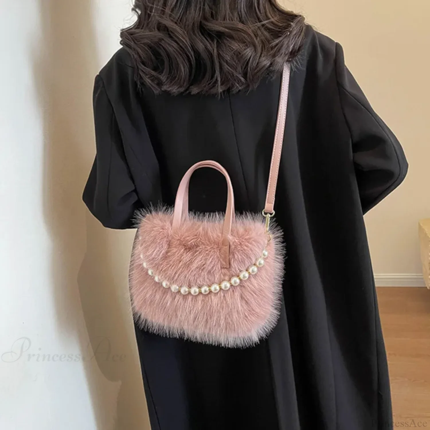 Winter Faux Fur Crossbody Pearl Chain Decor Handbag - Image 3