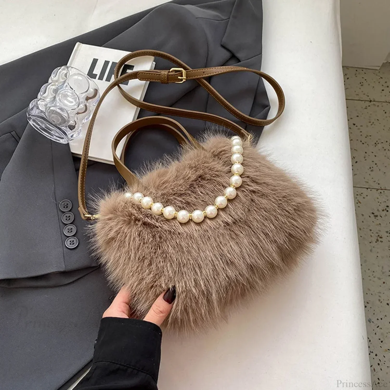 Winter Faux Fur Crossbody Pearl Chain Decor Handbag - Image 5