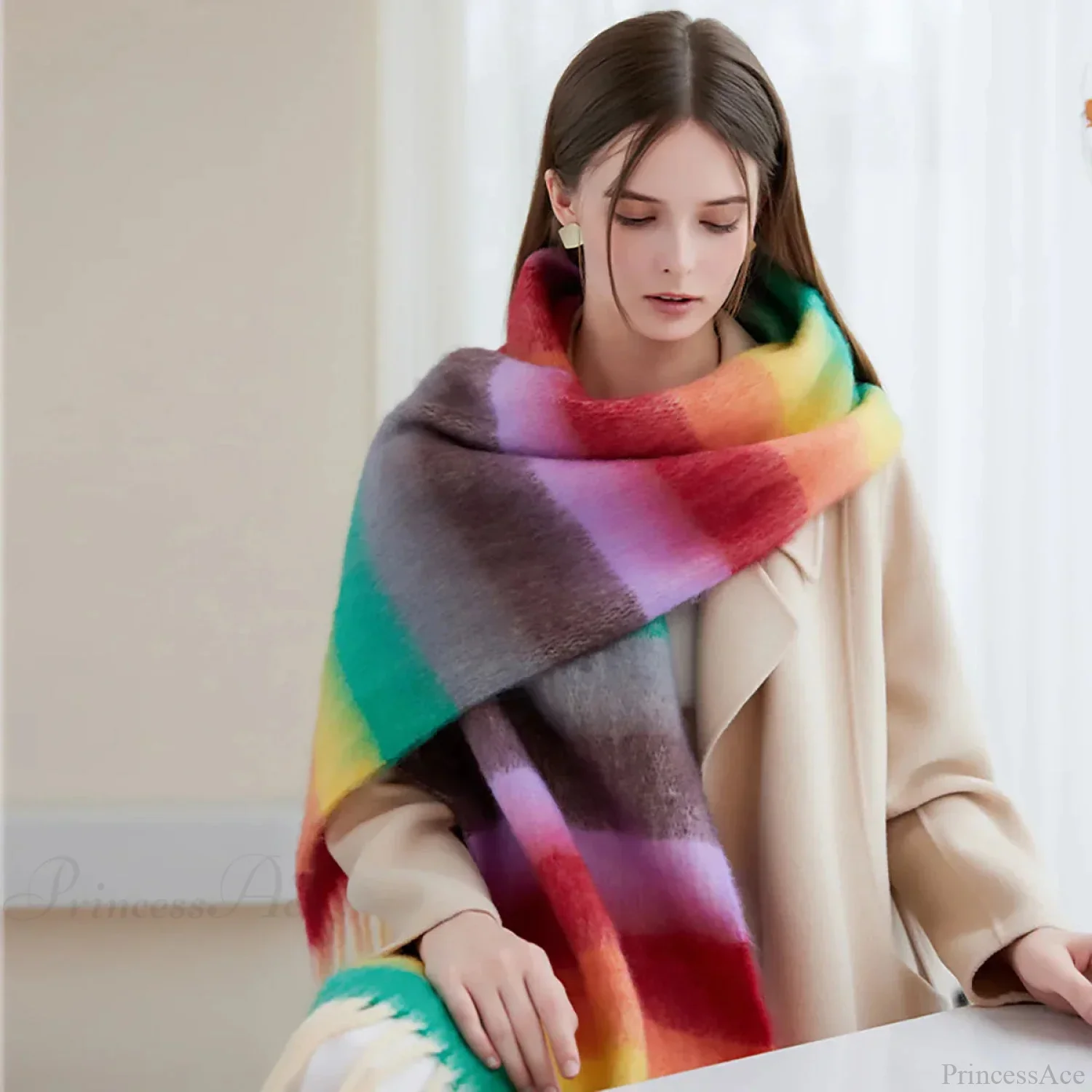Winter Plaid Cashmere Poncho Tassel Scarf - Luxury Warm Thickened Unisex - Image 3