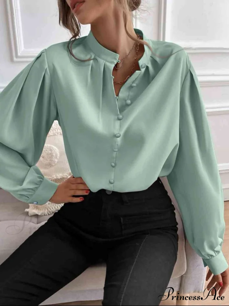 with Blouse Long Front Arm Button Mock Neck