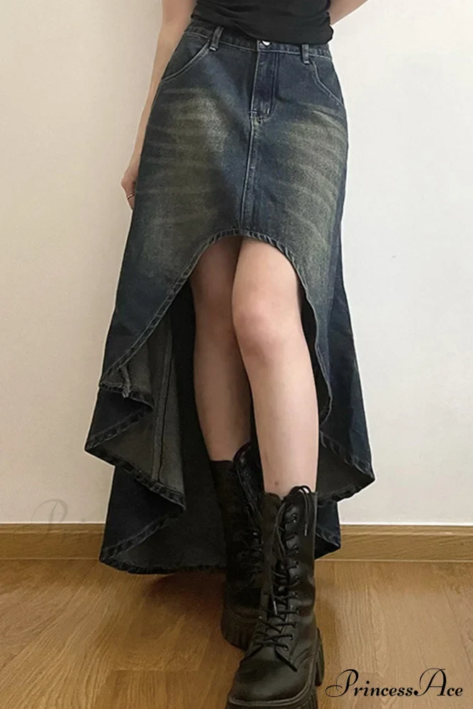 Distressed High Rise Denim Skirt - Image 3