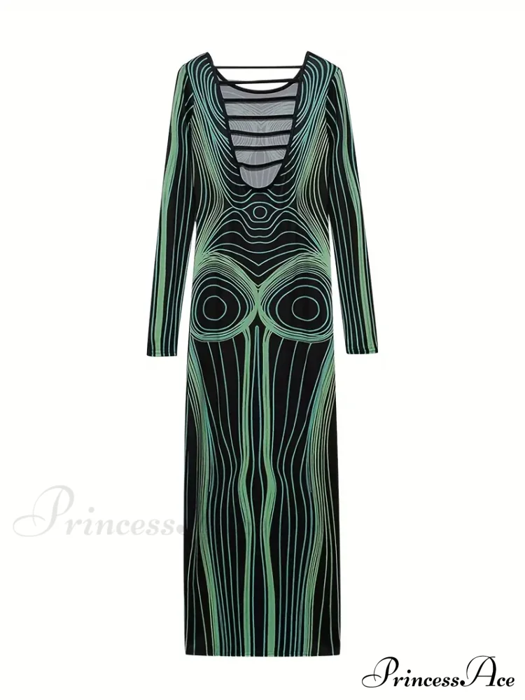 with Striped Long Body Shape Out Design Gown Cut Sleeves - Image 9