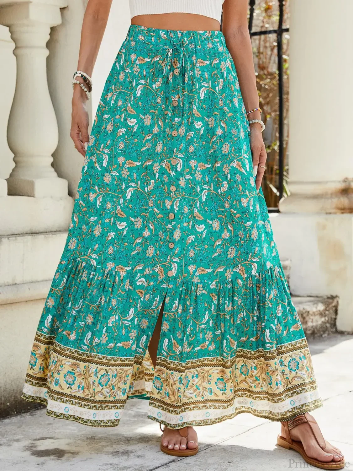 Women Boho Maxi Skirts Button Down Floral A-line Hippie Chic - Image 4