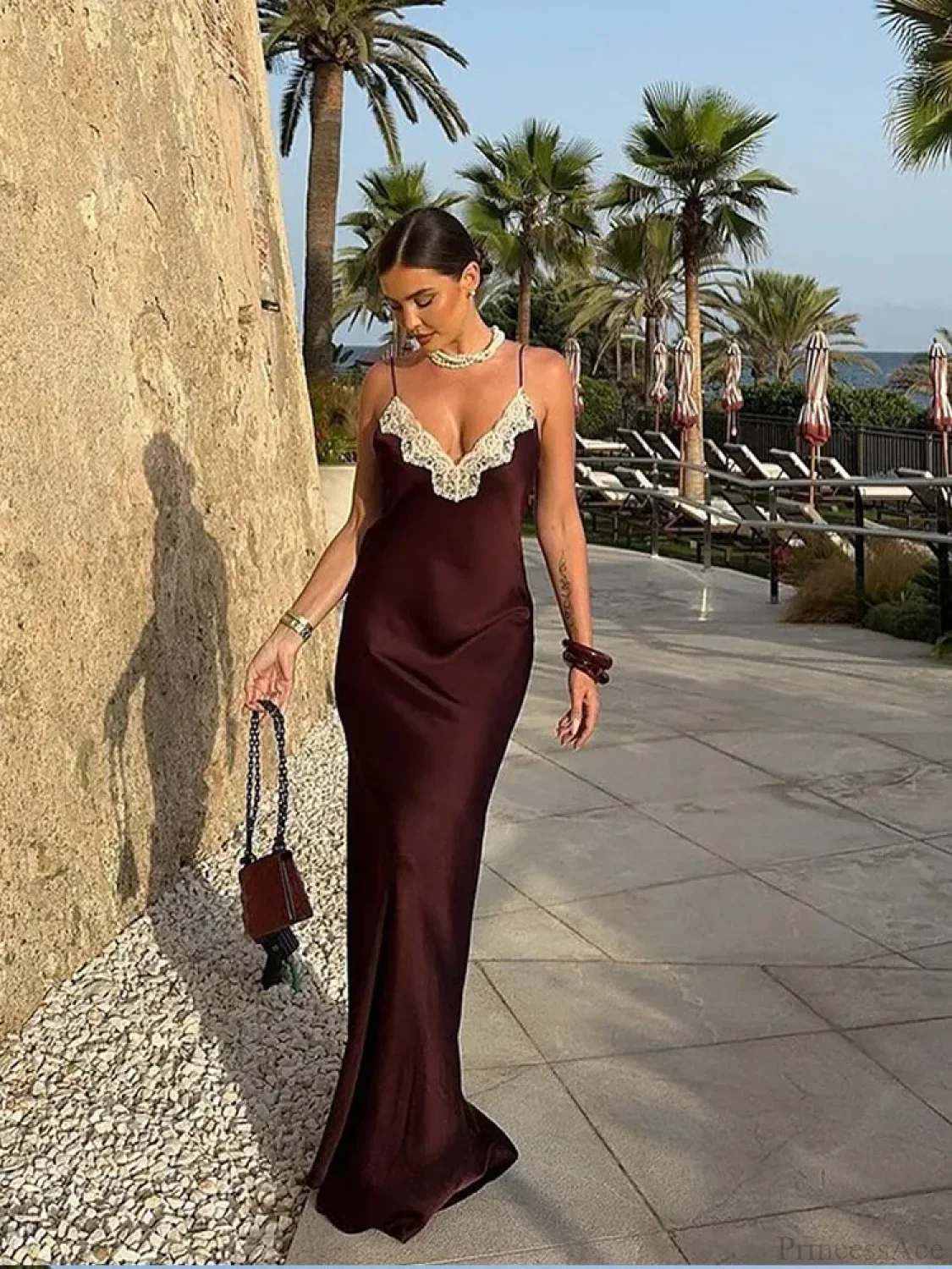 Women Chic Elegant Solid Spliced Lace Midi Sling Backless Party Dress