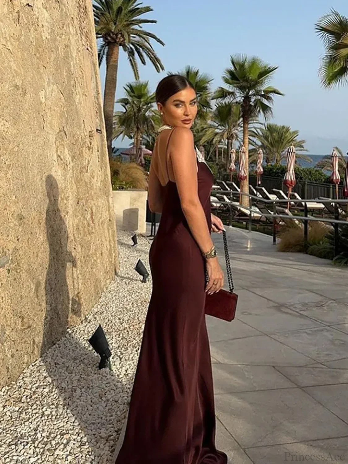 Women Chic Elegant Solid Spliced Lace Midi Sling Backless Party Dress - Image 3