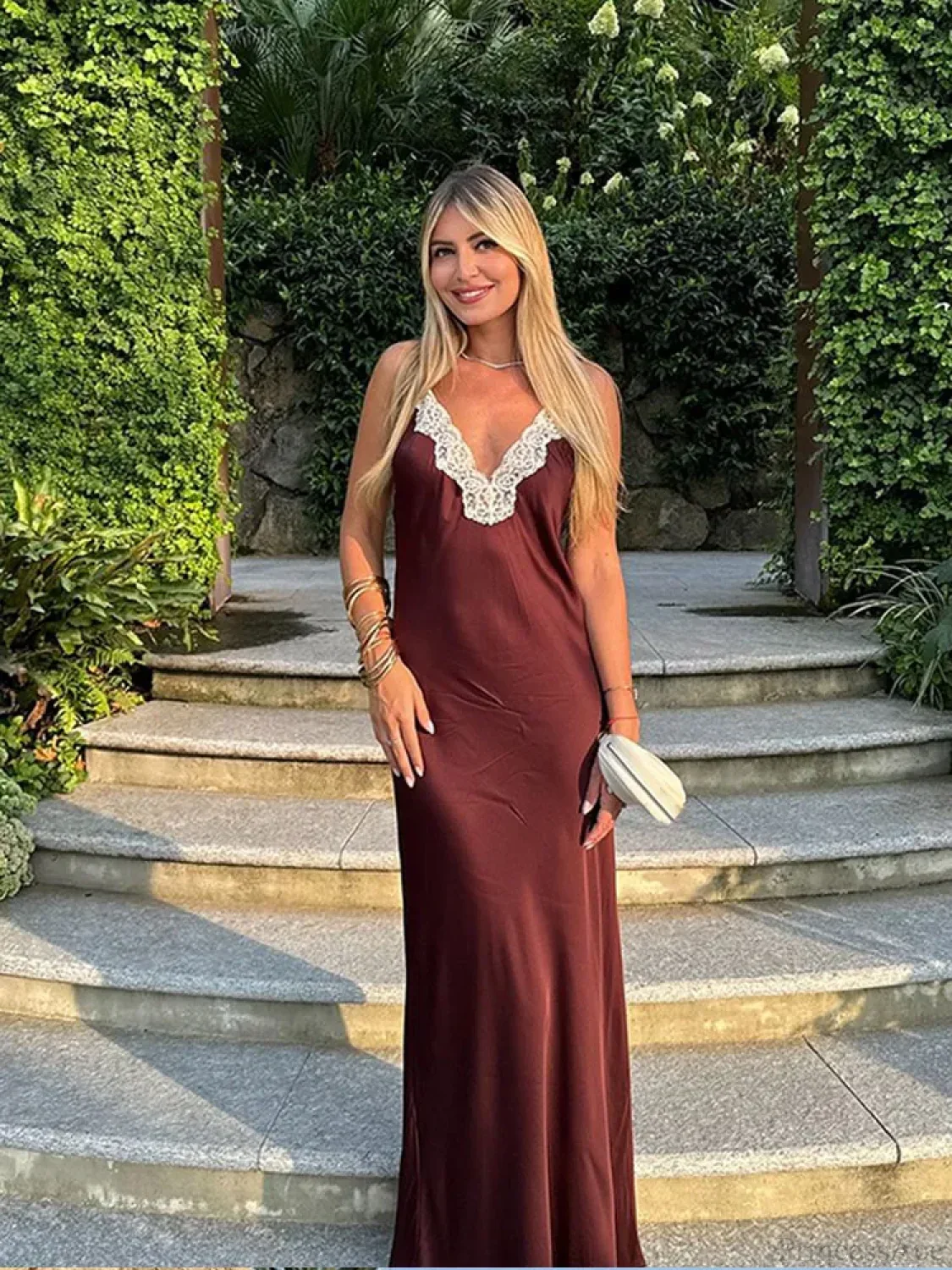 Women Chic Elegant Solid Spliced Lace Midi Sling Backless Party Dress - Image 6