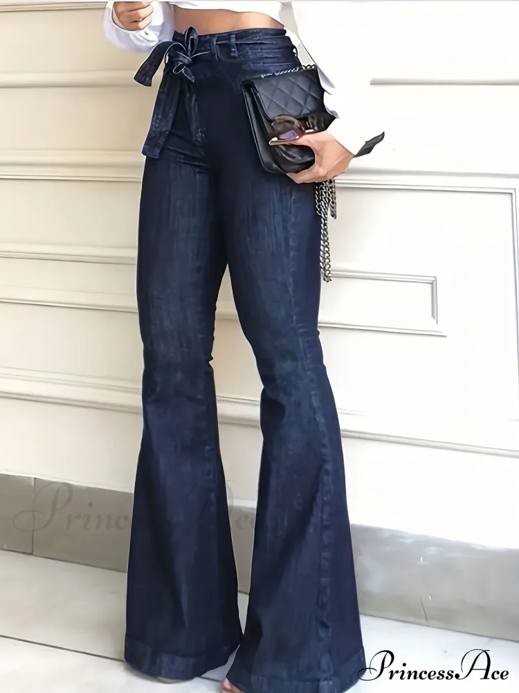 Women Fashion Blue Denim High-Stretch Bell Bottom Legs Denim Pants Women Solid Color High Waist Flare Jeans - Image 2