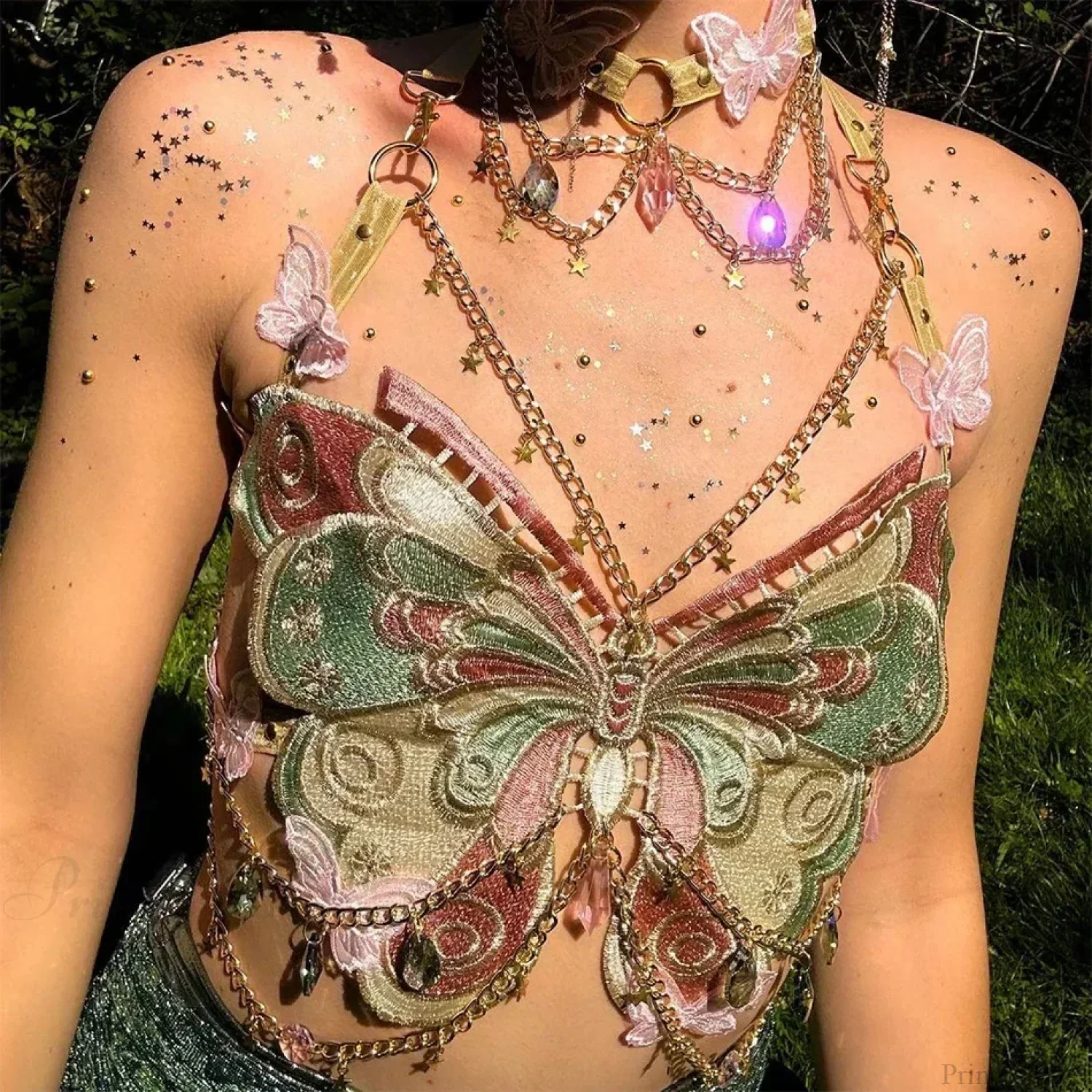Butterfly Embroidered Crystal Chain Backless Crop Top - Image 2