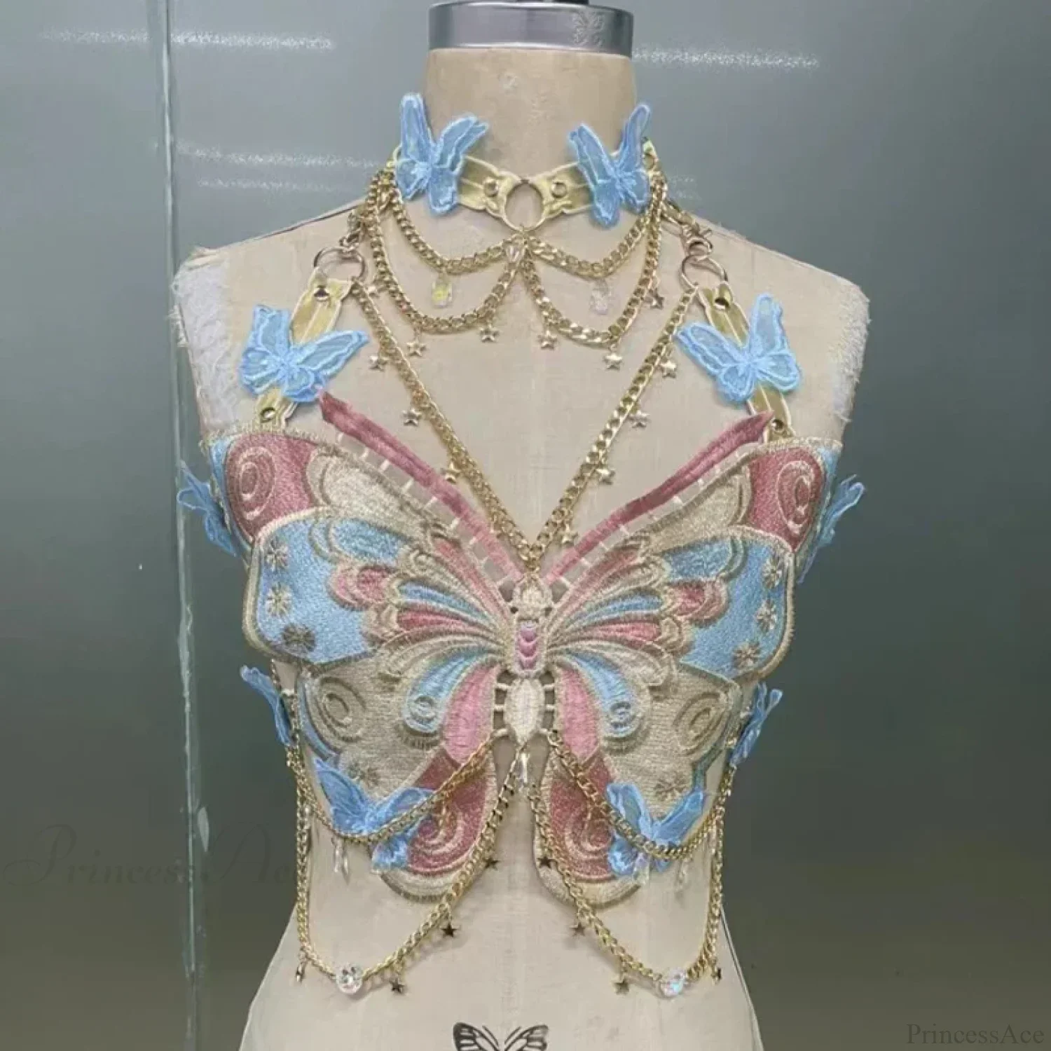 Butterfly Embroidered Crystal Chain Backless Crop Top - Image 5