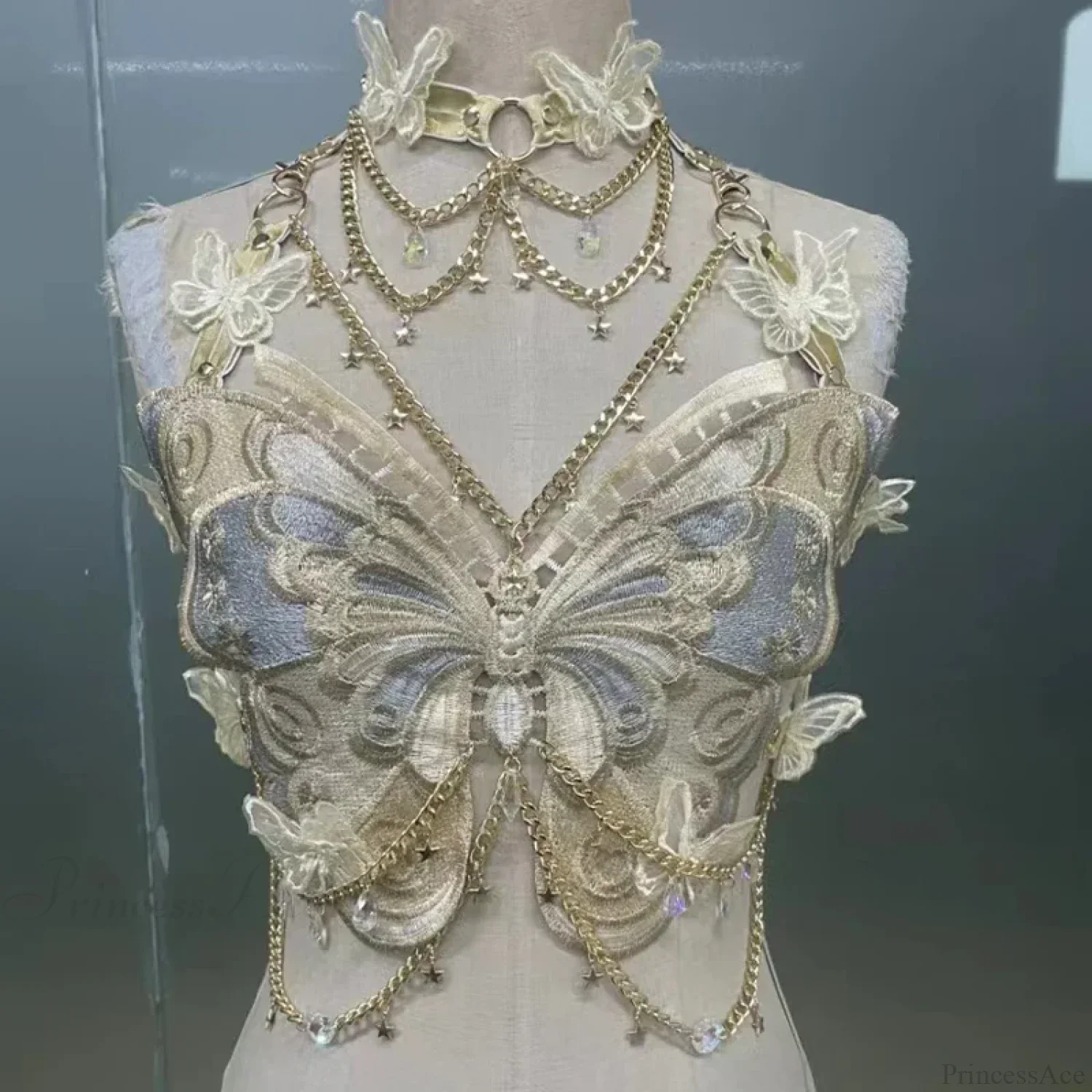 Butterfly Embroidered Crystal Chain Backless Crop Top - Image 7