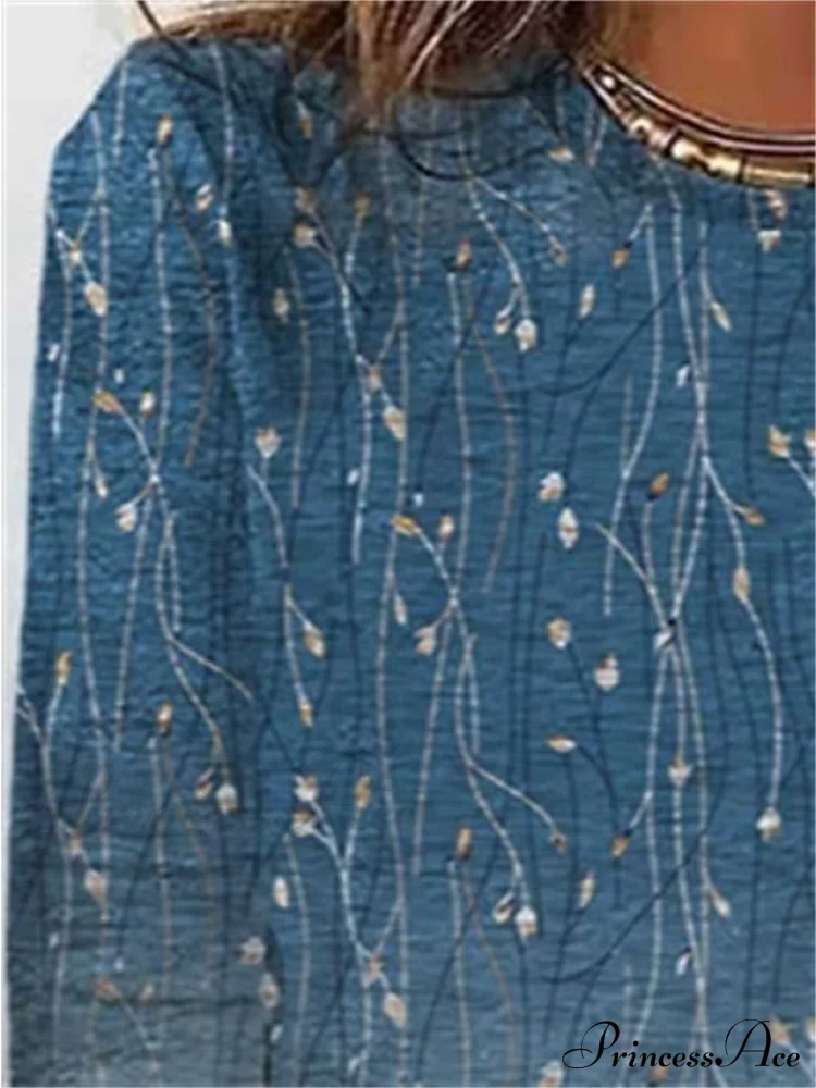 Women's Design Flowered Festive Long Flowered Blue Arm Weekend Casual - T-shirt Painting - Image 2