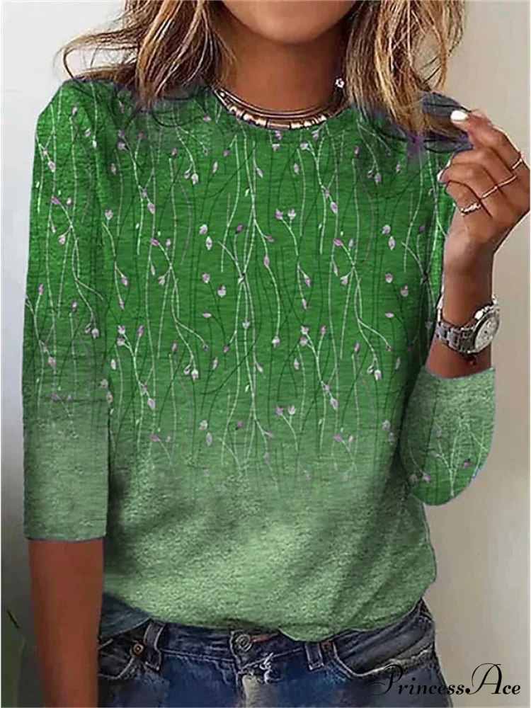 Women's Design Flowered Festive Long Flowered Blue Arm Weekend Casual - T-shirt Painting - Image 5