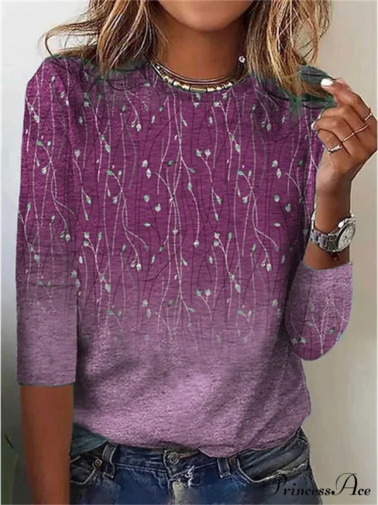 Women's Design Flowered Festive Long Flowered Blue Arm Weekend Casual - T-shirt Painting - Image 6