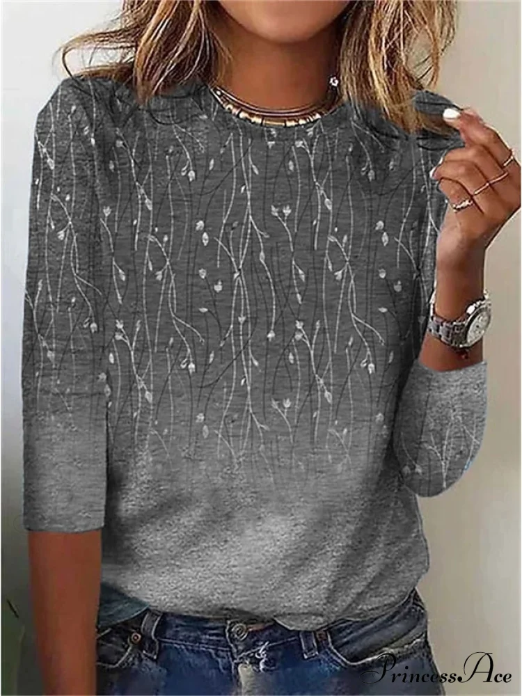 Women's Design Flowered Festive Long Flowered Blue Arm Weekend Casual - T-shirt Painting - Image 7