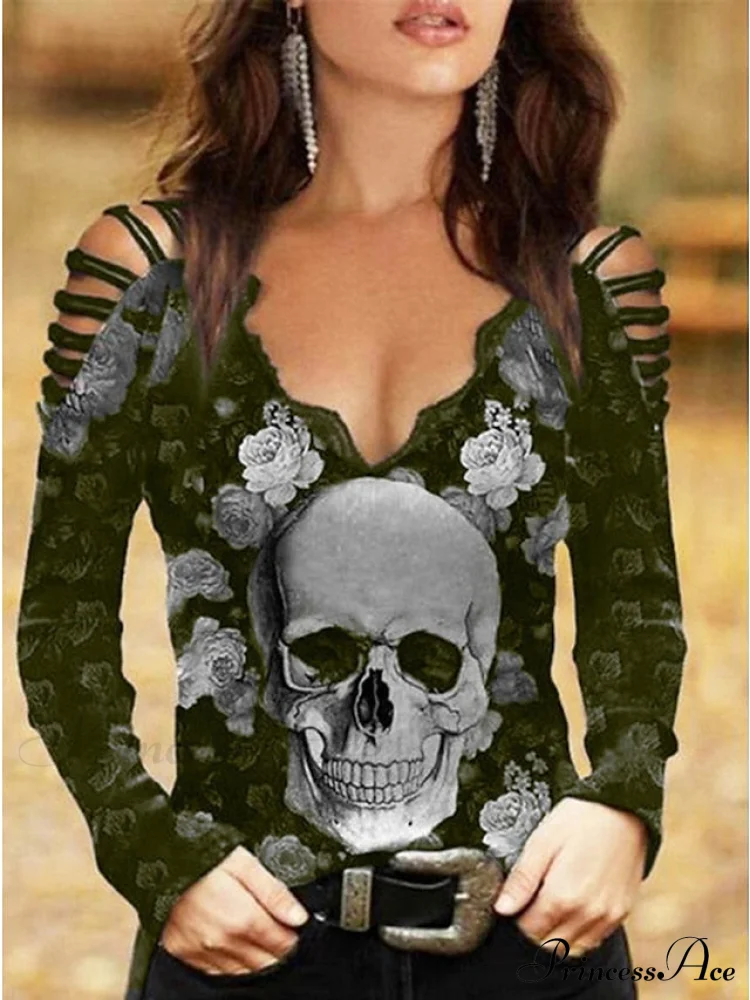 Women's Flowered Off Skull Design Arm Black Painting Regular Cut Out Going Shoulder Blouse Burgundy Tops Neck Basic Tee Fit Halloween Blue Flowered Wine Out Blouse Long Weekend Casual V Cold - Image 3