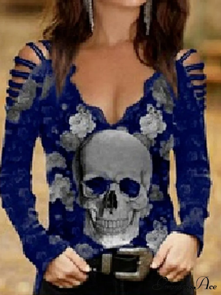 Women's Flowered Off Skull Design Arm Black Painting Regular Cut Out Going Shoulder Blouse Burgundy Tops Neck Basic Tee Fit Halloween Blue Flowered Wine Out Blouse Long Weekend Casual V Cold - Image 4