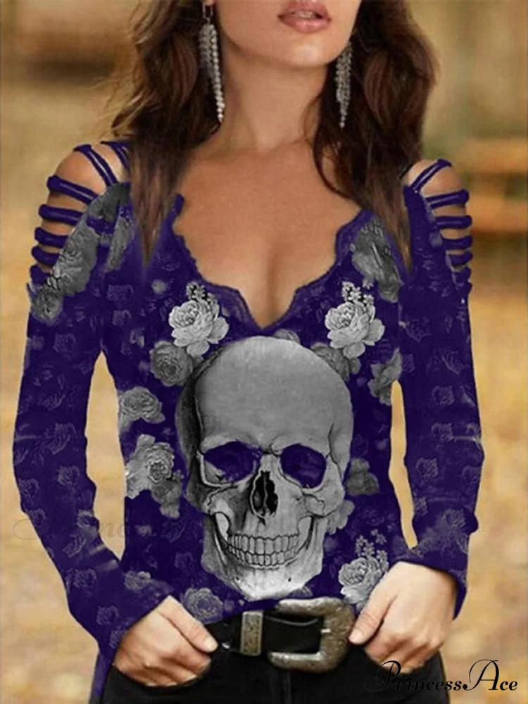 Women's Flowered Off Skull Design Arm Black Painting Regular Cut Out Going Shoulder Blouse Burgundy Tops Neck Basic Tee Fit Halloween Blue Flowered Wine Out Blouse Long Weekend Casual V Cold - Image 5