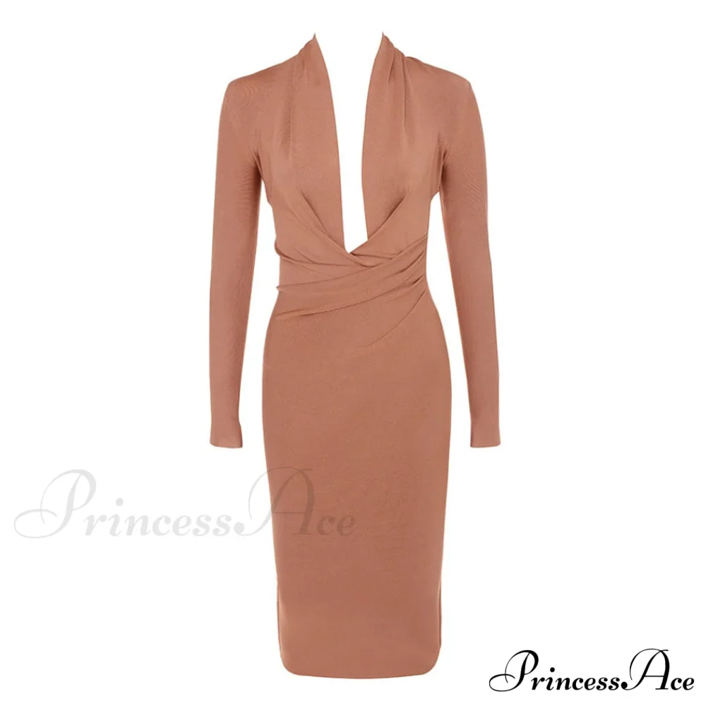 Women's Full Gown Celebrity Club Gown - V Bodycon Warm-Season Vestidos Deep Bandage Evening Neck with for Sleeves Party - Image 3