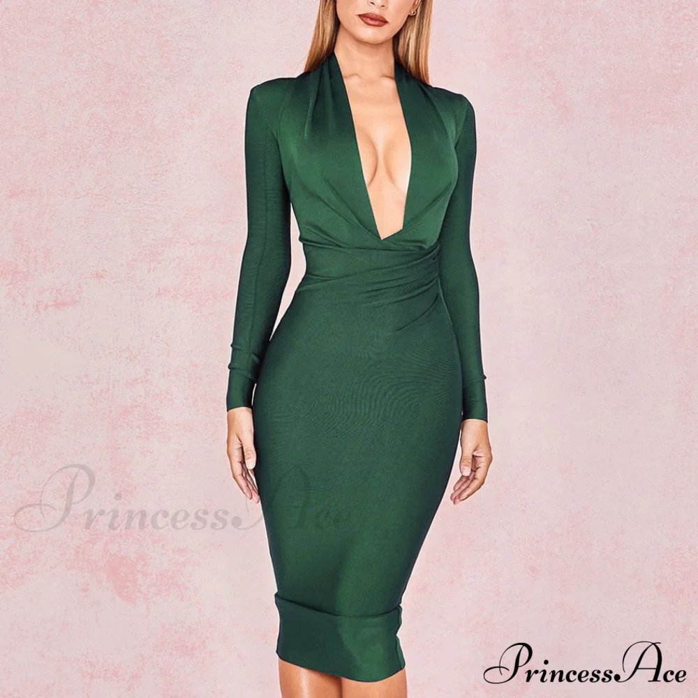 Women's Full Gown Celebrity Club Gown - V Bodycon Warm-Season Vestidos Deep Bandage Evening Neck with for Sleeves Party - Image 8