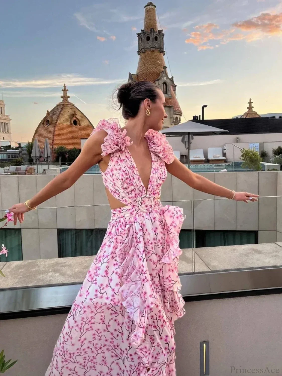Women's Holiday Party Dresses Sexy V Neck Backless Floral Ruffle Party Dress - Image 2