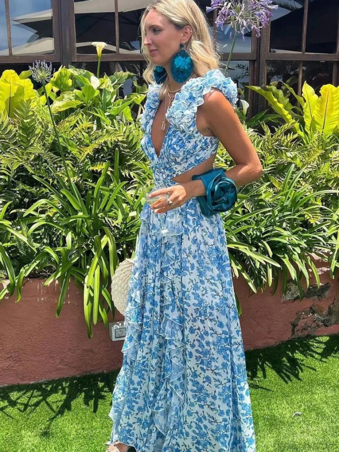 Women's Holiday Party Dresses Sexy V Neck Backless Floral Ruffle Party Dress - Image 5