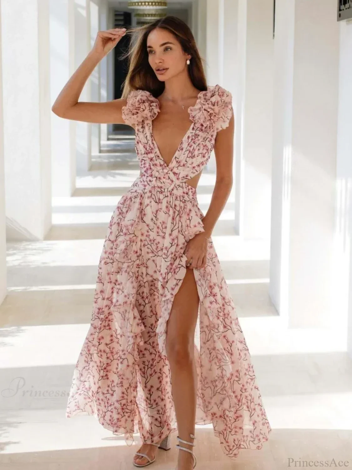 Women's Holiday Party Dresses Sexy V Neck Backless Floral Ruffle Party Dress - Image 8