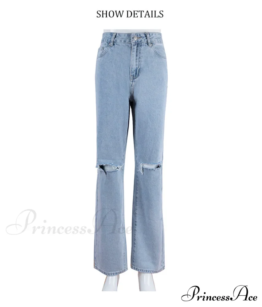 Womens Jeans Blue Cotton Trousers Baggy Wide High Leg Ripped Denim Wash Warm-Season Casual Waist Pants - Image 6